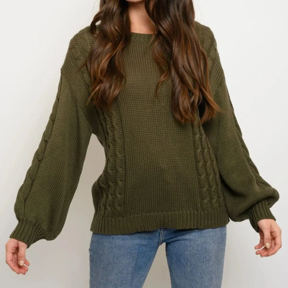 Olive Green Casual Contemporary Cable knit Sweater - Picture 1 of 3